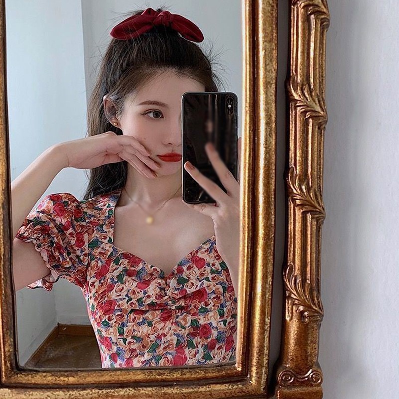 Váy body Tay Ngắn Cổ Vuông In Họa Tiết Hoa Quyến Rũ Phong Cách Hàn Quốc Dành Cho Nữ