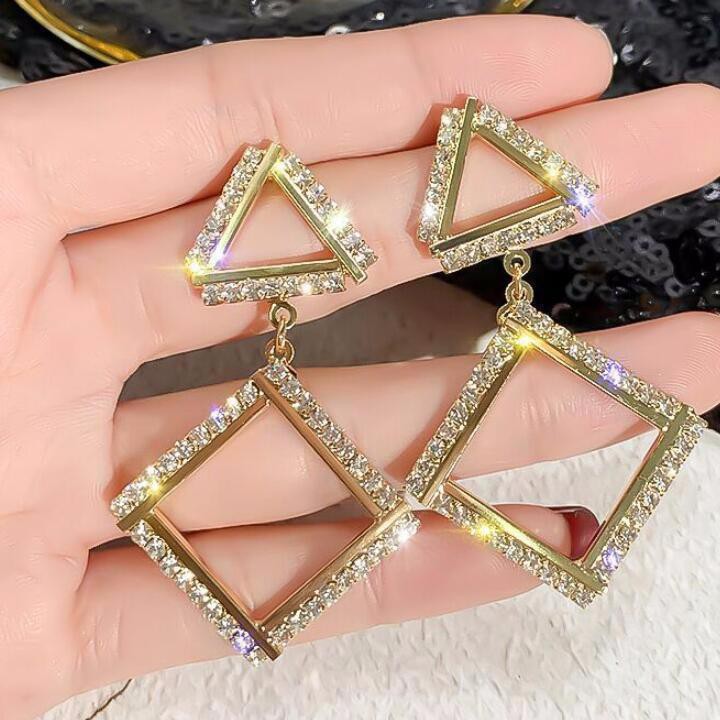 Khuyên tai nữ hình học tam giác vuông hạt đá sang trọng bông tai thời trang cá tính phong cách Hàn Quốc