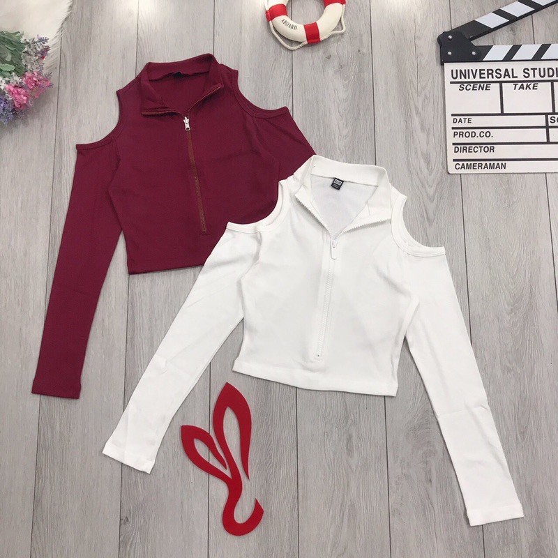 [Hình Thật] Áo Croptop Tay Dài Thời Trang Hàn Quốc Khoét Hai Bên Vai Dây Kéo Trước Ngực Gía Rẽ Chất Duyên Dáng Tuyệt Đẹp | BigBuy360 - bigbuy360.vn