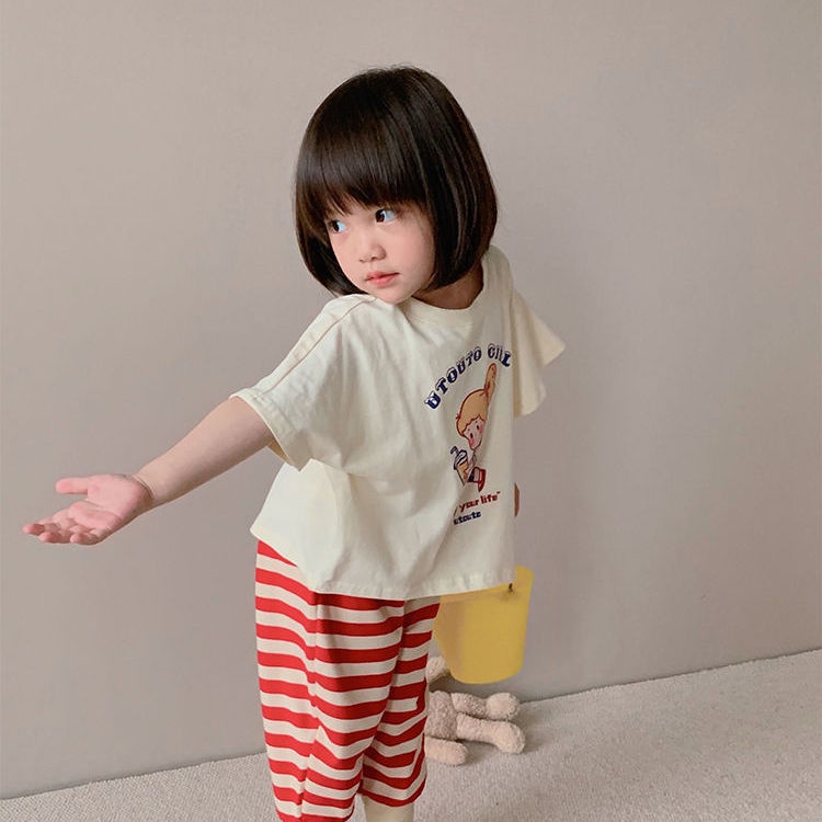 Bộ Đồ Thể Thao Áo Thun In Họa Tiết Phong Cách Nhật Bản + Quần Kẻ Sọc Thời Trang Mùa Hè 2022 Mới Cho Bé Gái