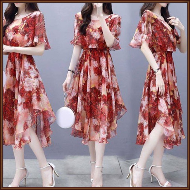 Đầm Dáng Chữ A Cổ Tròn Tay Chuông In Họa Tiết Hoa Thời Trang Cho Nữ Plus Size