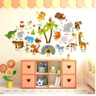 Decal dán tường vườn thú tiếng Anh 2 (2 cây dừa)