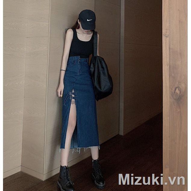 Chân Váy Jean Dài Lưng Cao Xẻ Tà Cá Tính Cho Nữ