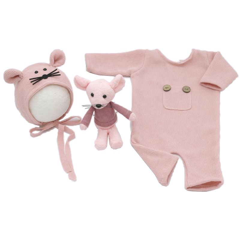 Set 3 Món Đồ Liền Thân Vải Cotton Dệt Kim Kèm Búp Bê Hình Chú Chuột Dễ Thương Dùng Làm Đạo Cụ Chụp Ảnh Cho Bé Sơ Sinh