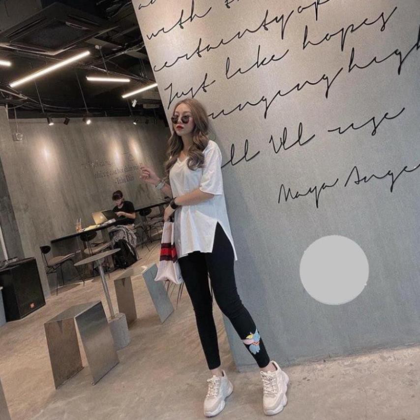 Áo phông nữ xẻ tà dáng rộng dấu quần, áo thun cộc tay nữ oversize cổ tim có túi trẻ trung ྇ ྇ ་