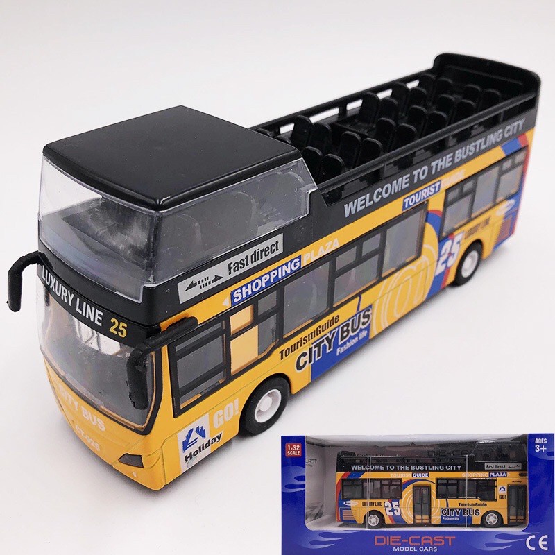 Mô hình ô tô xe buýt 2 tầng bằng sắt đồ chơi trẻ em tỉ lệ 1:32 có âm thanh và đèn khi mở cửa