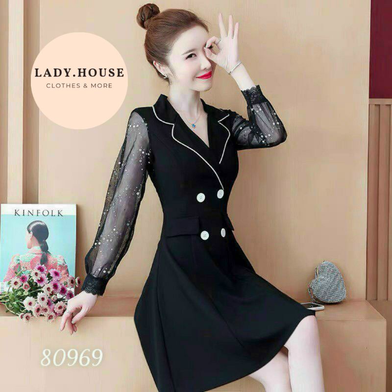 Váy công sở dự tiệc cổ sơ mi đen xinh xắn dành cho nữ - 80969