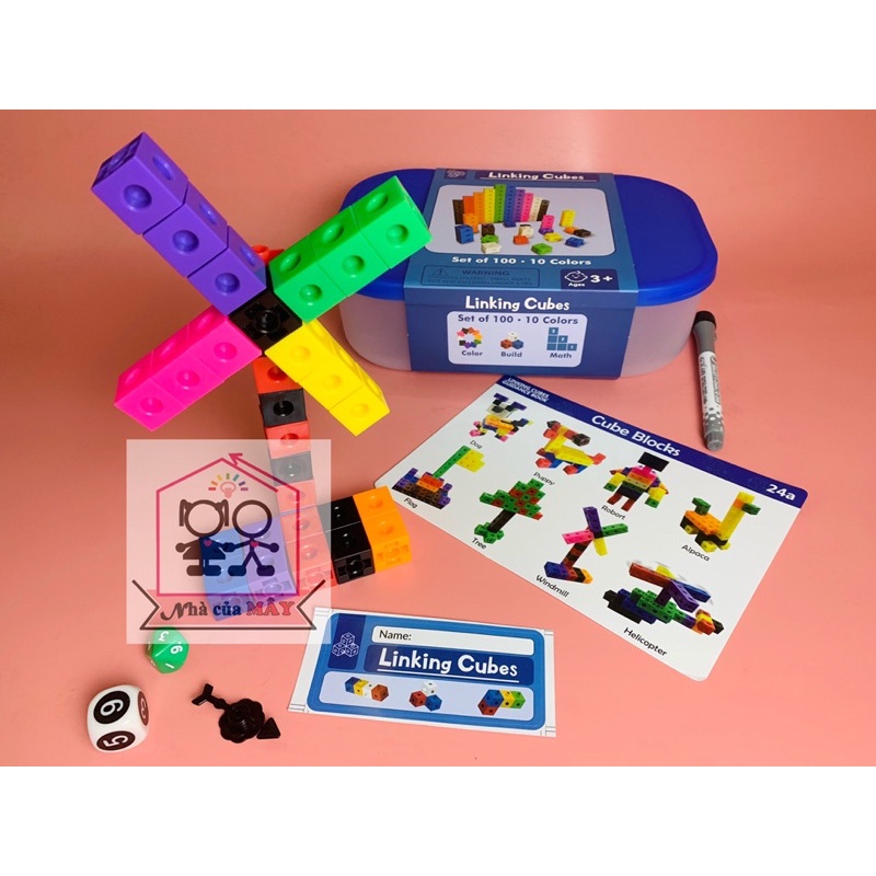 Bộ học toán và xếp hình sáng tạo Linking cube/number blocks 100 khối loại túi không thẻ/loại hộp fullbox kèm thẻ