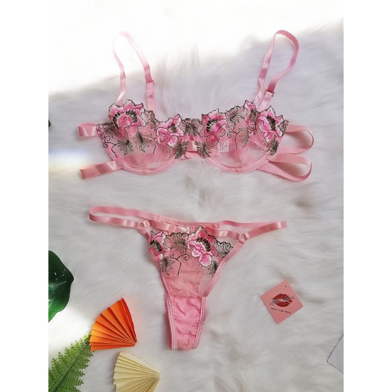 Set Đồ Lót Ren Thêu Hoa Hồng Rút Hông