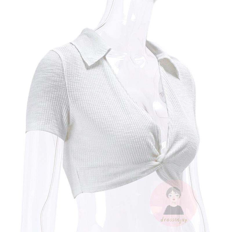 Áo Thun Ngắn Tay Cổ Bẻ Thắt Nút Màu Sắc Trơn Cho Nữ