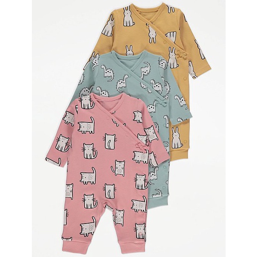 Set 3 sleepsuits mèo hồng - khủng long xanh - thỏ vàng, hàng Geor.ge UK săn SALE