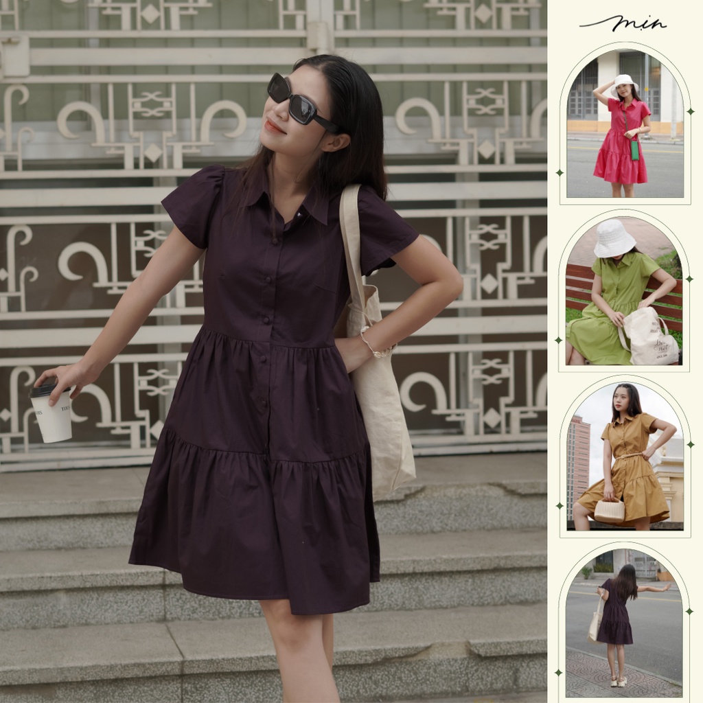 Đầm sơ mi babydoll nút bọc Kate Hàn Mát, Mịn