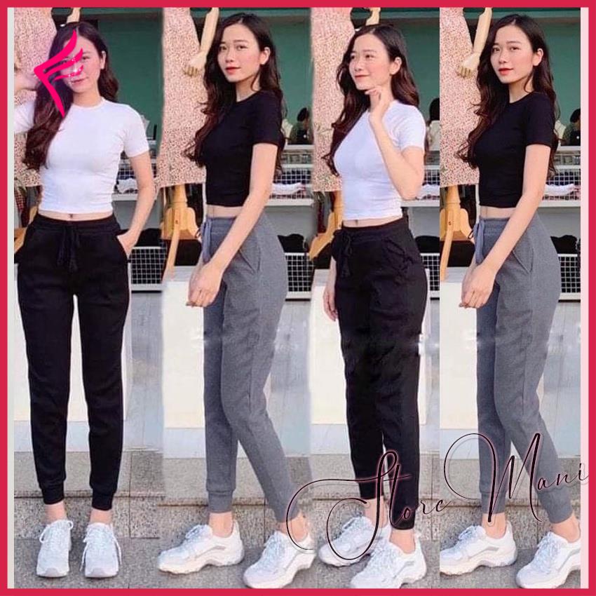 Quần Jogger nữ đen thể thao tập gym bo gấu - Quần jogger nỉ dây rút nữ cạp cao dáng dài có túi chất vải