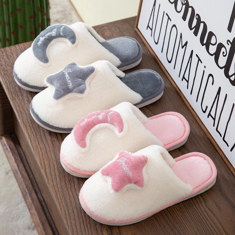 Dép bông nữ, dép đi trong nhà họa tiết Moon & star siêu ấm chống trơn, lông mềm mượt xinh sắn SC02