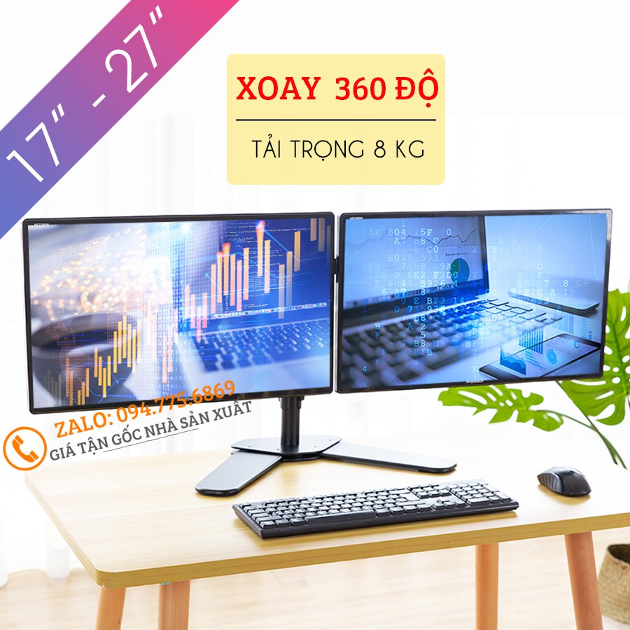 Giá Treo Hai Màn Hình Máy Tính Đặt Bàn - Tay Đỡ 2 Màn Hình Để Bàn - Model: M042 - Hỗ Trợ Màn 17 - 27 Inch - Xoay 360 Độ