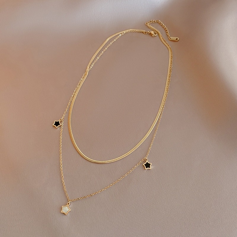 Dây Chuyền Hai Lớp Bằng Thép Không Gỉ Mạ Vàng 18K Hình Ngôi Sao Năm Cánh Phong Cách Hàn Quốc