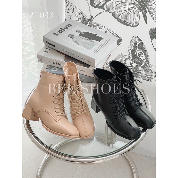 BEESHOES - BOOT NỮ BUỘC DÂY DA MỀM MŨI VUÔNG - BOOT NỮ ĐẾ TRỤ CAO 5CM CÓ SẴN MÀU ĐEN - KEM 211043