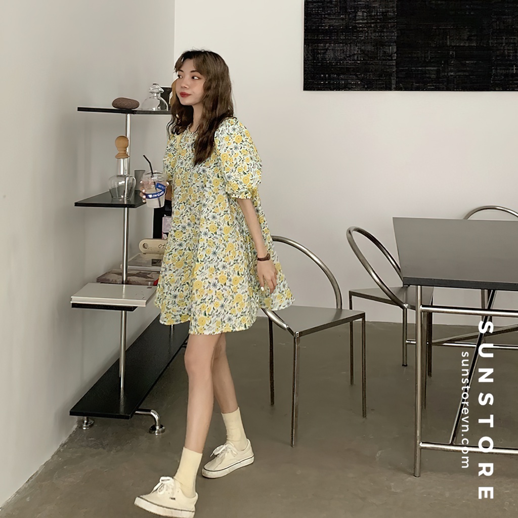 Đầm hoa nhí dáng ngắn mini váy xoè tay tay bồng ngắn kèm dây cột eo