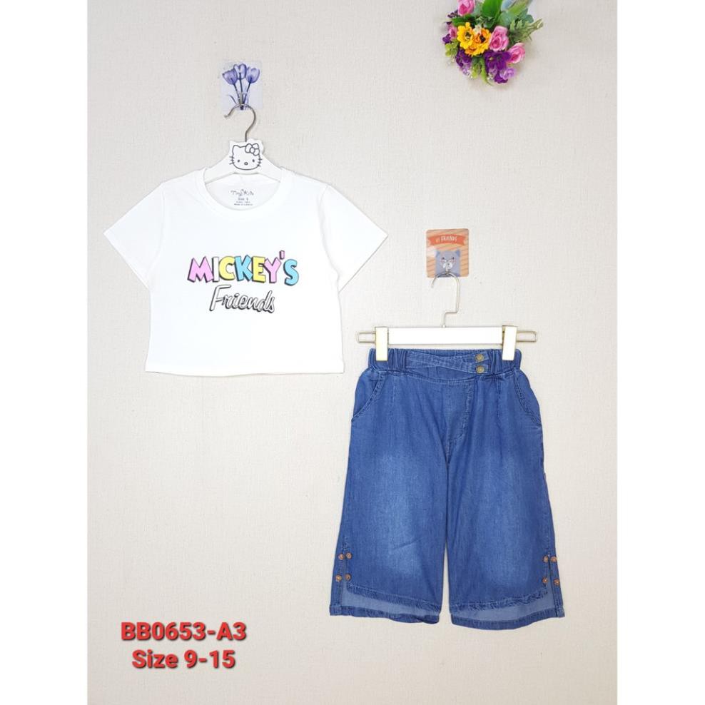 BB0653-A3 - Bộ bé gái cotton quần jean xẻ lai , in Mickeys , màu trắng  , size nhỡ 9t-15t
