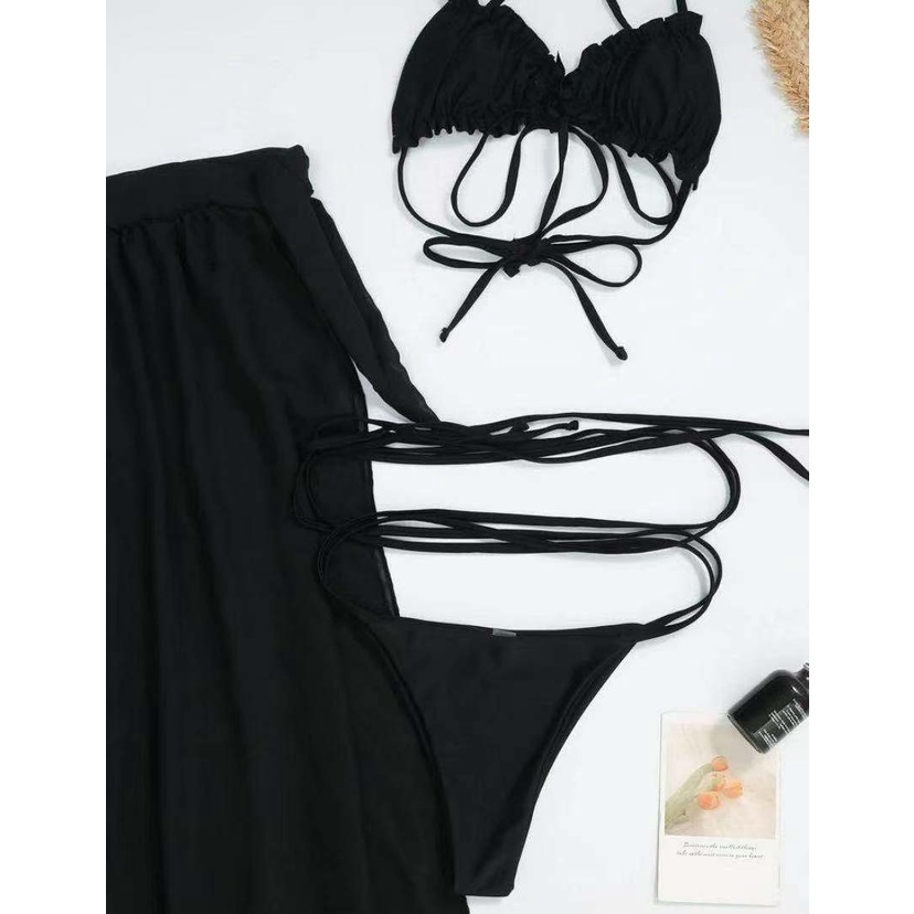 [BKN1509] &lt;ÂU&gt; SET BIKINI 3 MÓN ĐEN ĐAN DÂY EO KÈM CHÂN VÁY DÀI XẺ TÀ