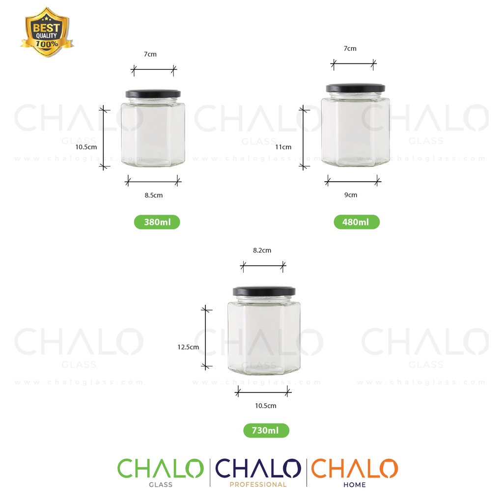 Hũ thuỷ tinh lục giác nắp thiếc các cỡ 380ml - 480ml - 730ml