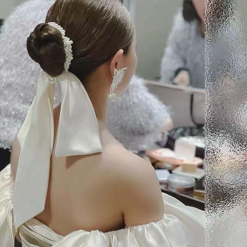 Dây Buộc Tóc Nơ Vải Satin Đính Ngọc Trai Phong Cách Retro Cho Cô Dâu