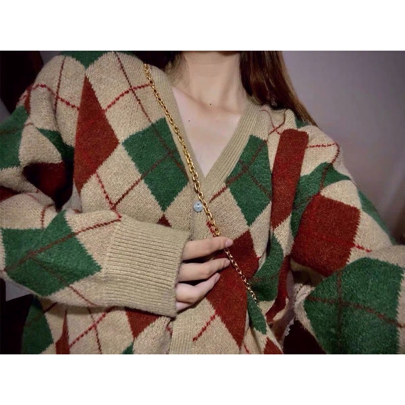 [Sẵn] AL1_Áo cardigan, áo khoác len hoạ tiết kẻ caro ô trám màu xanh lá ulzzang Hàn quốc
