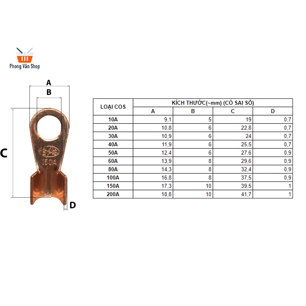 Đầu Cốt Đồng - Cos tròn 10A 20A 30A 40A 50A 60A 80A 100A 150A 200A