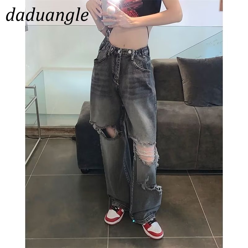 Quần jean Daduhey lưng cao ống rộng kiểu rách thời trang ins retro Mỹ cho nữ