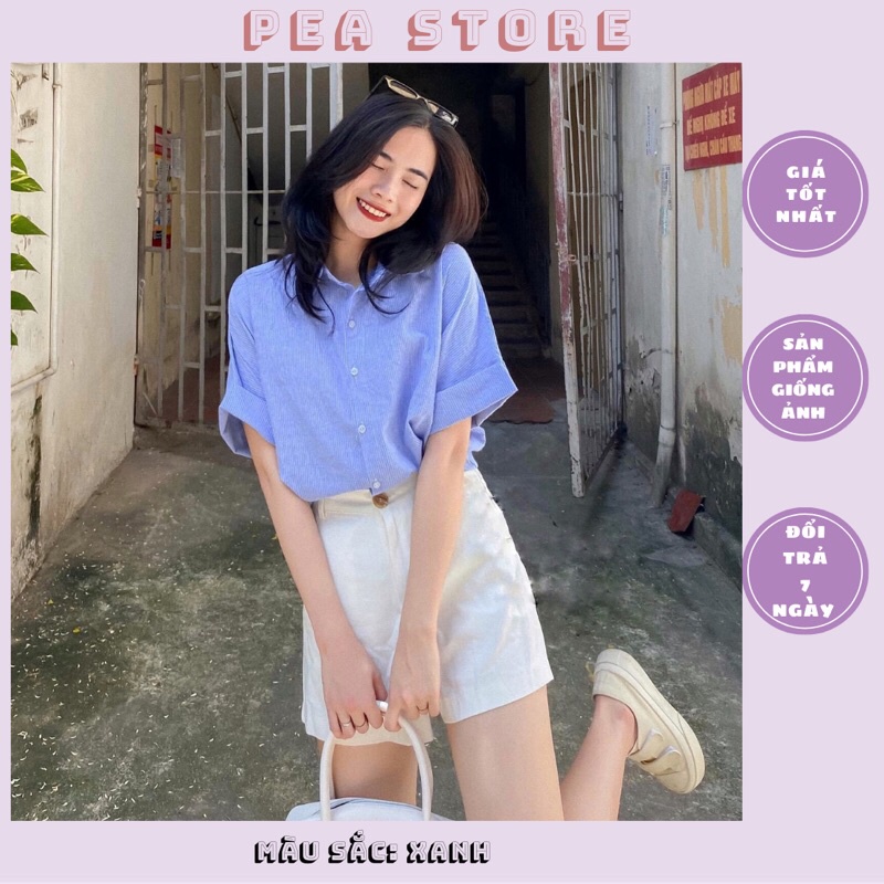 Áo sơ mi cộc tay kẻ sọc tay gập cúc lưng oversize phong cách ulzzang [Ảnh thật/Sẵn]