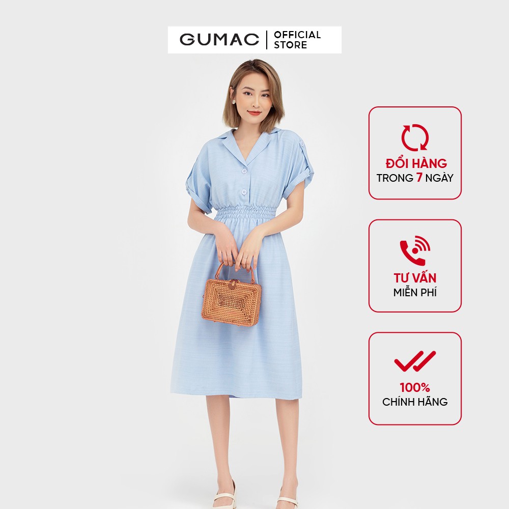[Mã MABR07062 giảm 8% tối đa 50K đơn từ 249K] Đầm nữ thiết kế eo chun cổ lật GUMAC màu xanh DB572