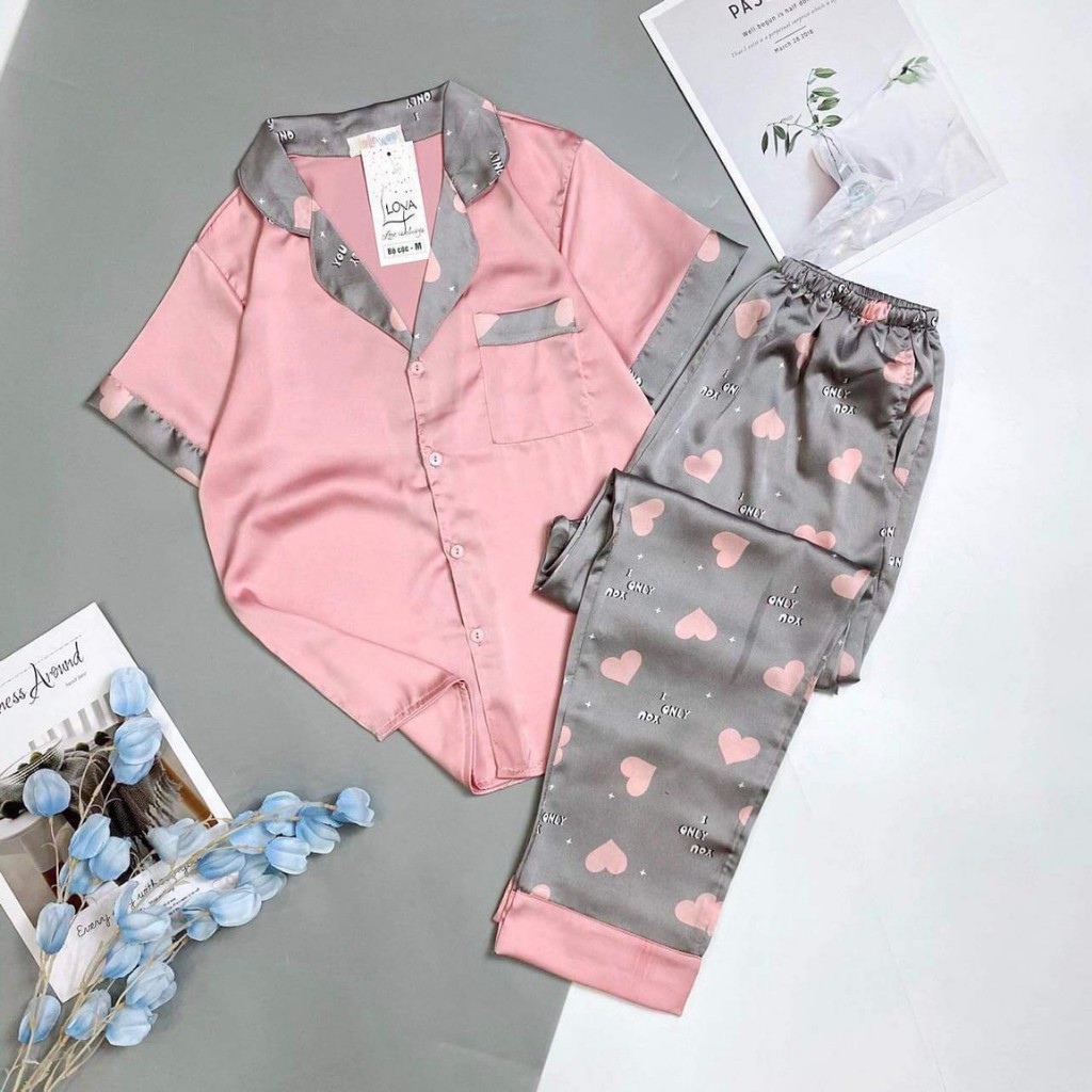 Đồ ngủ pijama lụa, đồ mặc nhà tay cộc chất lụa latin cao cấp, mềm mịn H&T