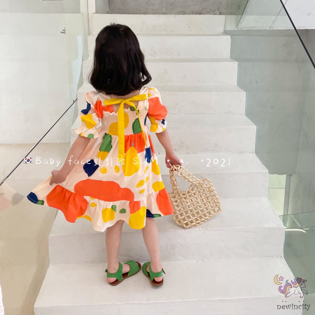 Đầm tay phồng cổ vuông in họa tiết thắt nơ phong cách Hàn Quốc thời trang dành cho bé gái