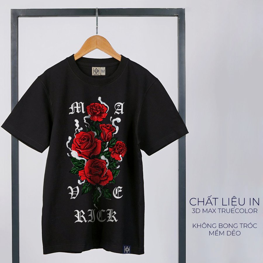 Áo thun Rock Nam Nữ hoa hồng đỏ Phối Chữ Maverick Áo Phông Đẹp Vải Cotton Tiêu Chuẩn Xuất Khẩu KK2075