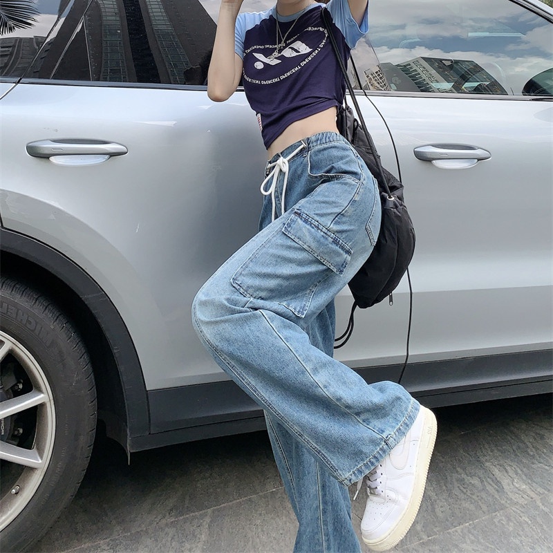 Quần Jean Lưng Cao Ống Suông Rộng Thời Trang Retro Hiphop Cá Tính