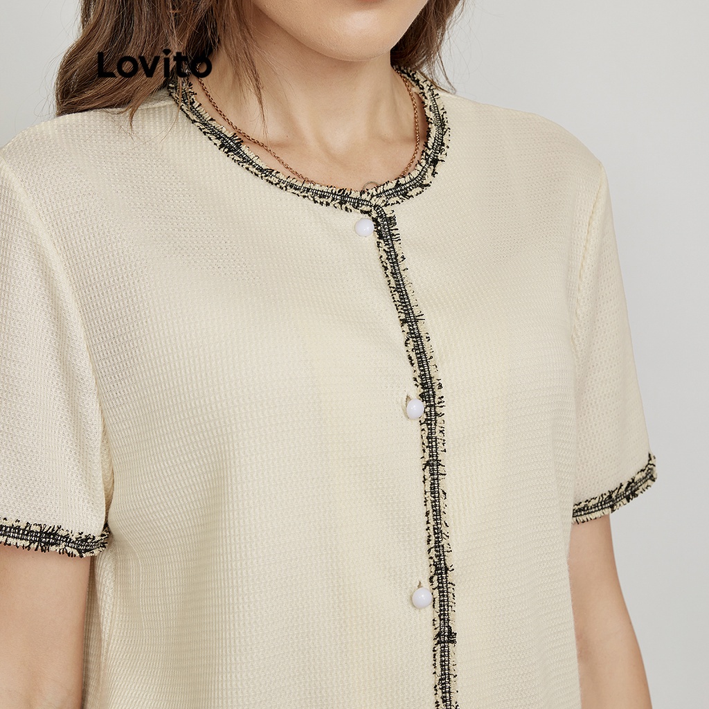 Lovito Áo khoác ngọc trai giả trai trơn tương phản thanh lịch L24ED068 (Trắng nhạt)