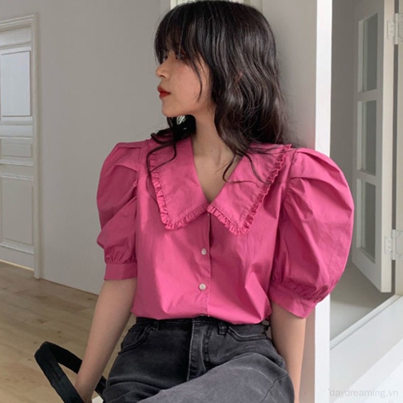 Áo Sơ Mi Tay Ngắn Cổ Búp Bê Đính Nút Thời Trang Cho Nữ