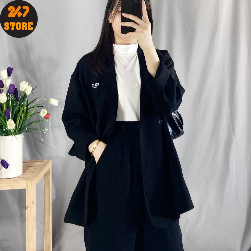 Áo blazer thêu công sở 247STORE (1 màu) dáng dài, from rộng chất dày dặn