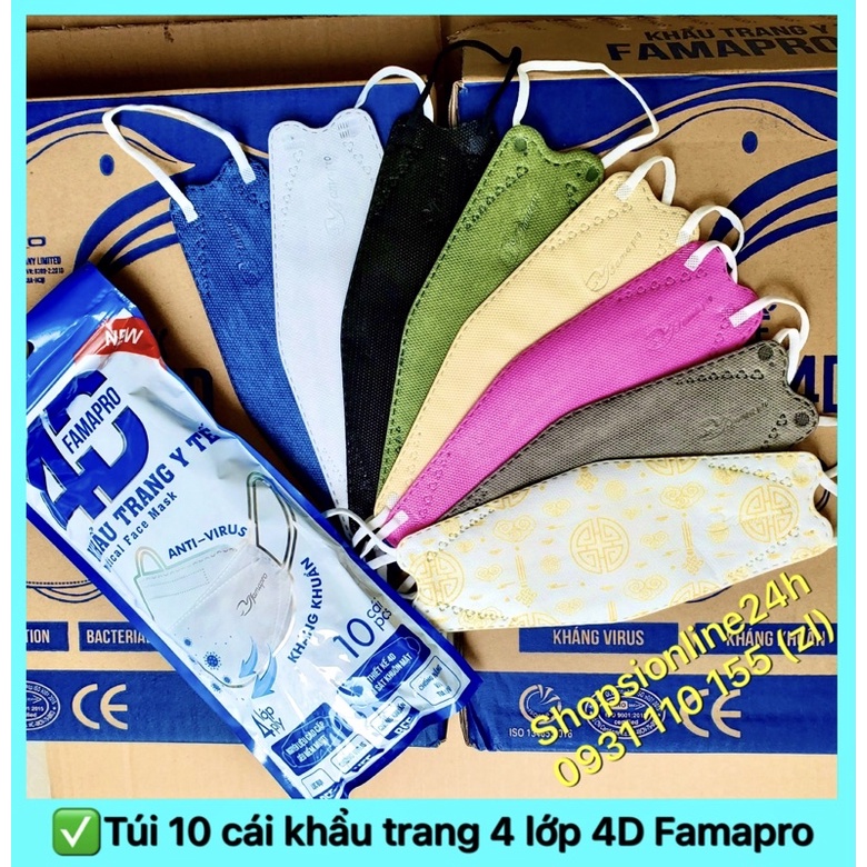 ✅  Túi 10 cái khẩu trang y tế 4 lớp kf94 , 4D Famapro Nam Anh
