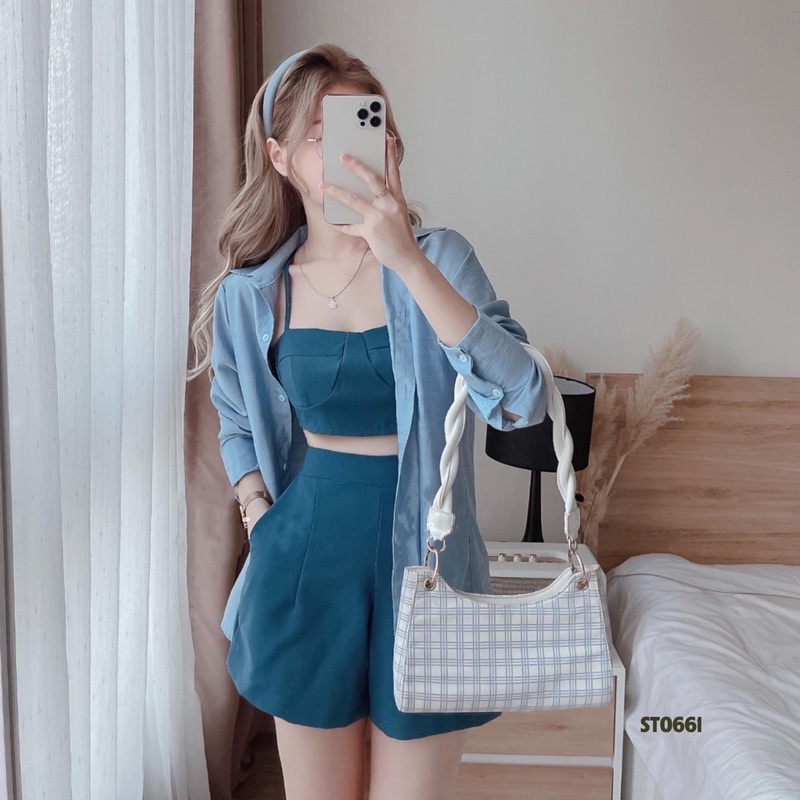 Set áo dây croptop quần short áo khoác sơ mi ngoài 3 món đi chơi, du lich đủ màu sắc