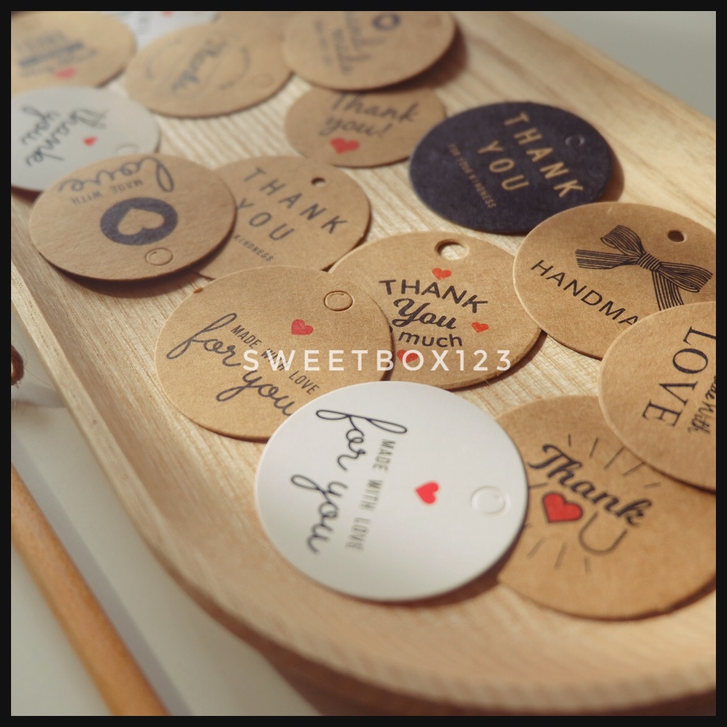 100 Tag Giấy Thank You Kraft 4cm Tem Mác Thẻ Treo In Sẵn Cám Ơn Khách Hàng Trang Trí Quà Tặng