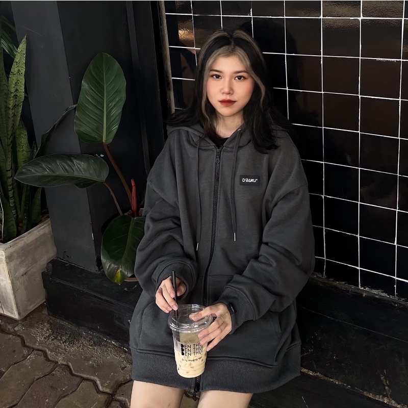 Áo khoác Zip hoodie nỉ bông có túi trong, khoá kéo 2 chiều D’BAKU BASIC LOGO