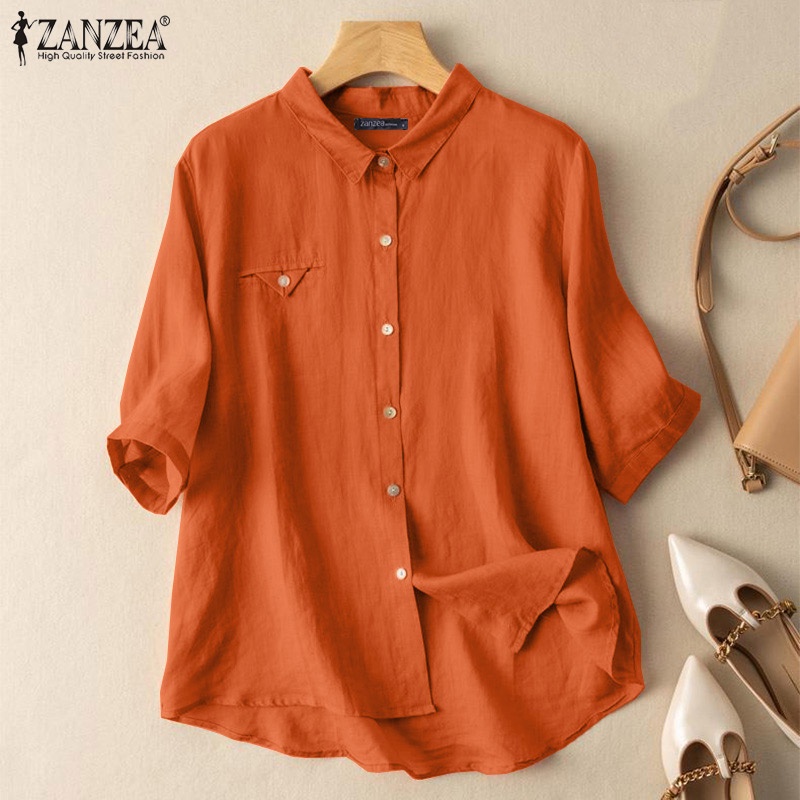 Áo sơ mi Zanzea cổ bẻ tay 3/4 cài nút màu trơn thời trang cho nữ
