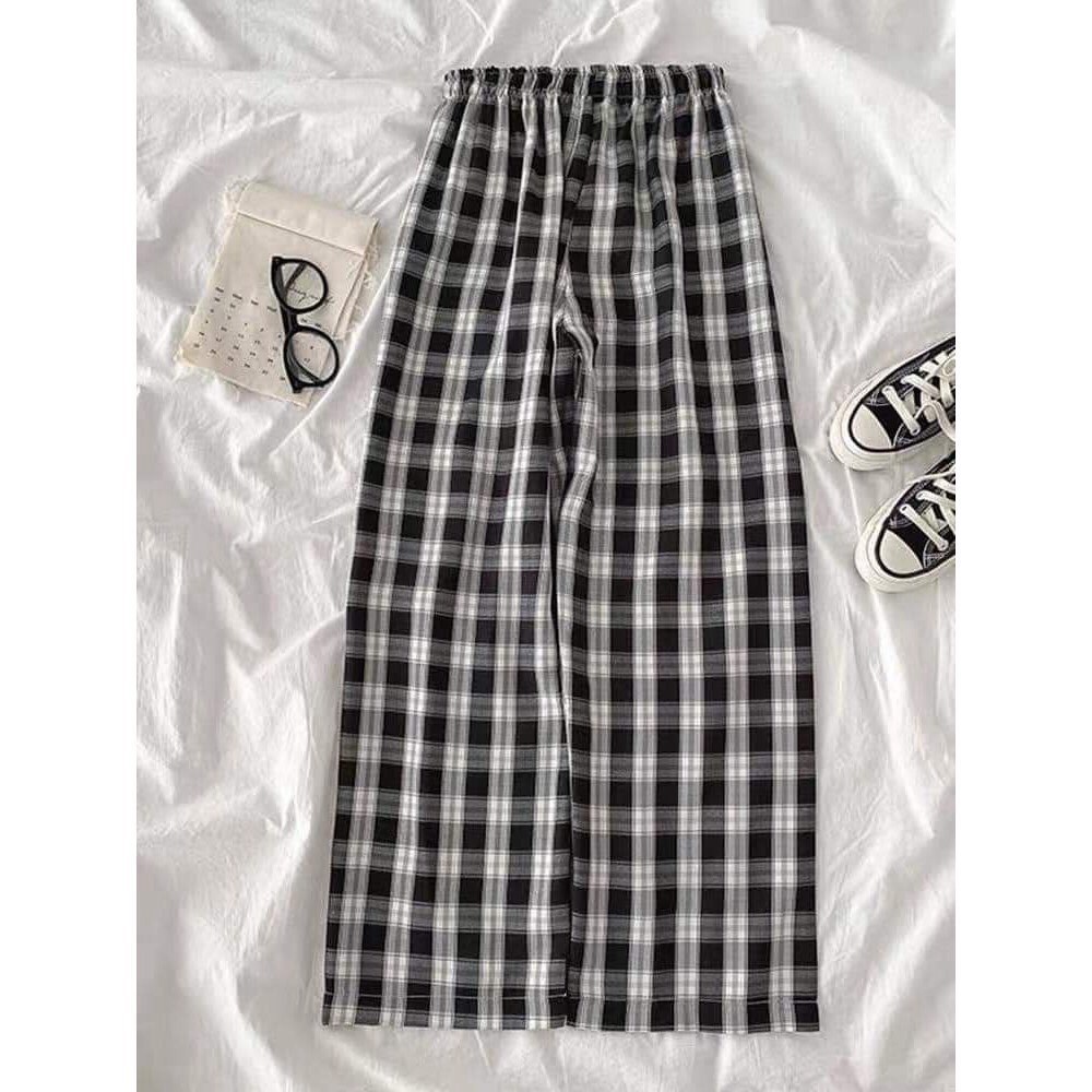 Quần kẻ caro cúc giả lưng thun dáng rộng ulzzang dưới 60kg | BigBuy360 - bigbuy360.vn