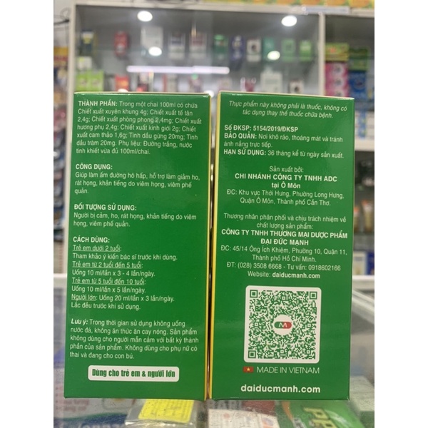 Camsol thảo mộc - 100ml -Giúp làm ấm đường hô hấp, hỗ trợ làm giảm ho, rát họng, khản tiếng, do viêm họng, viêm phế quản