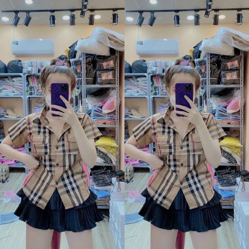 Áo sơ mi CARO  tay ngắn nữ hình thật UN - Thiên Yết