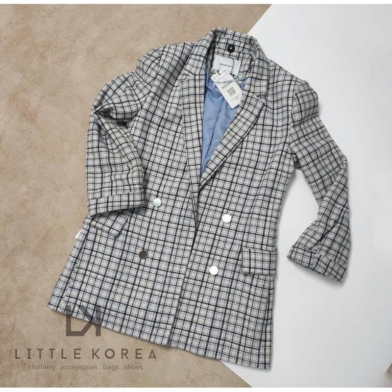 Áo Khoác Dạ Tweet Nữ, Áo Blazer Nữ 2 Lớp Dáng Dài Kẻ Caro - LITTLE KOREA