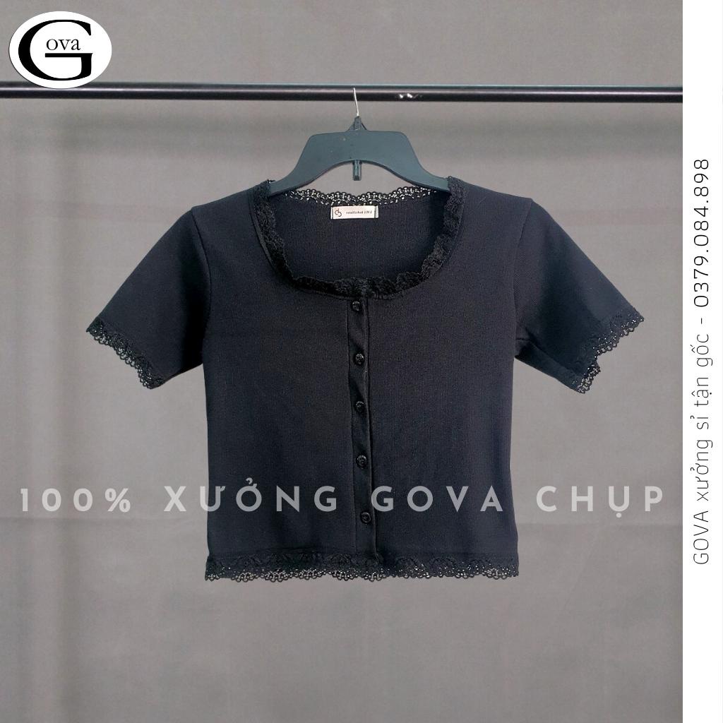 Áo Croptop tay ngắn phối ren Hot Trend Áo kiểu nữ ôm chất thun Cao Cấp gân mềm mát