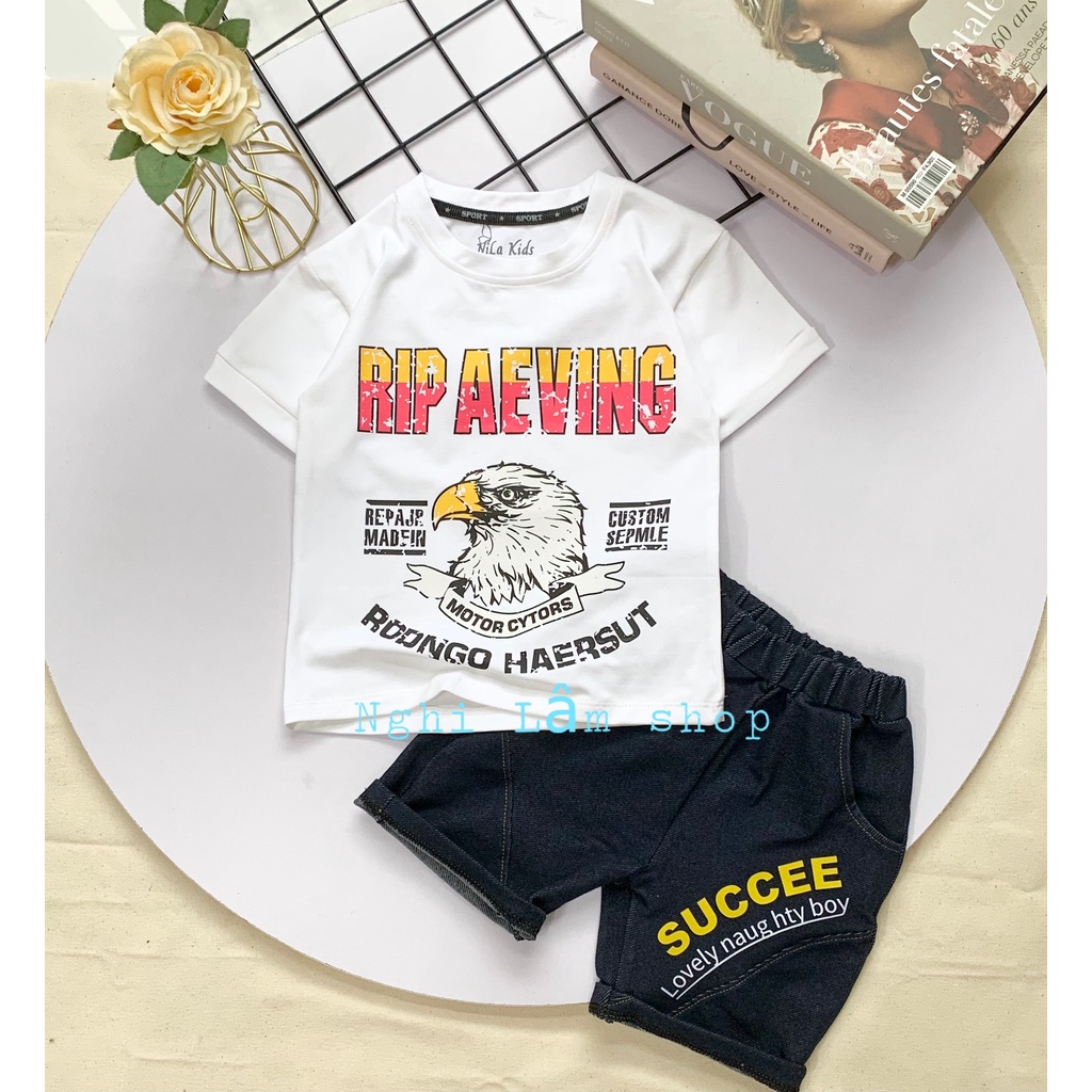 Set bộ đồ bé trai áo thun cotton 100% quần thun cotton giả jean hình chim Ưng cho bé từ 10-38kg