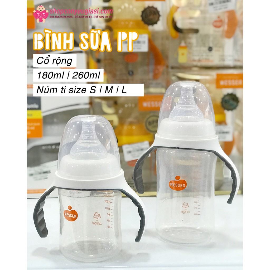 [Mẫu Mới] Bình Sữa Wesser PP Cổ Rộng 260ml - Kèm Núm Ti Size M, 4-6m